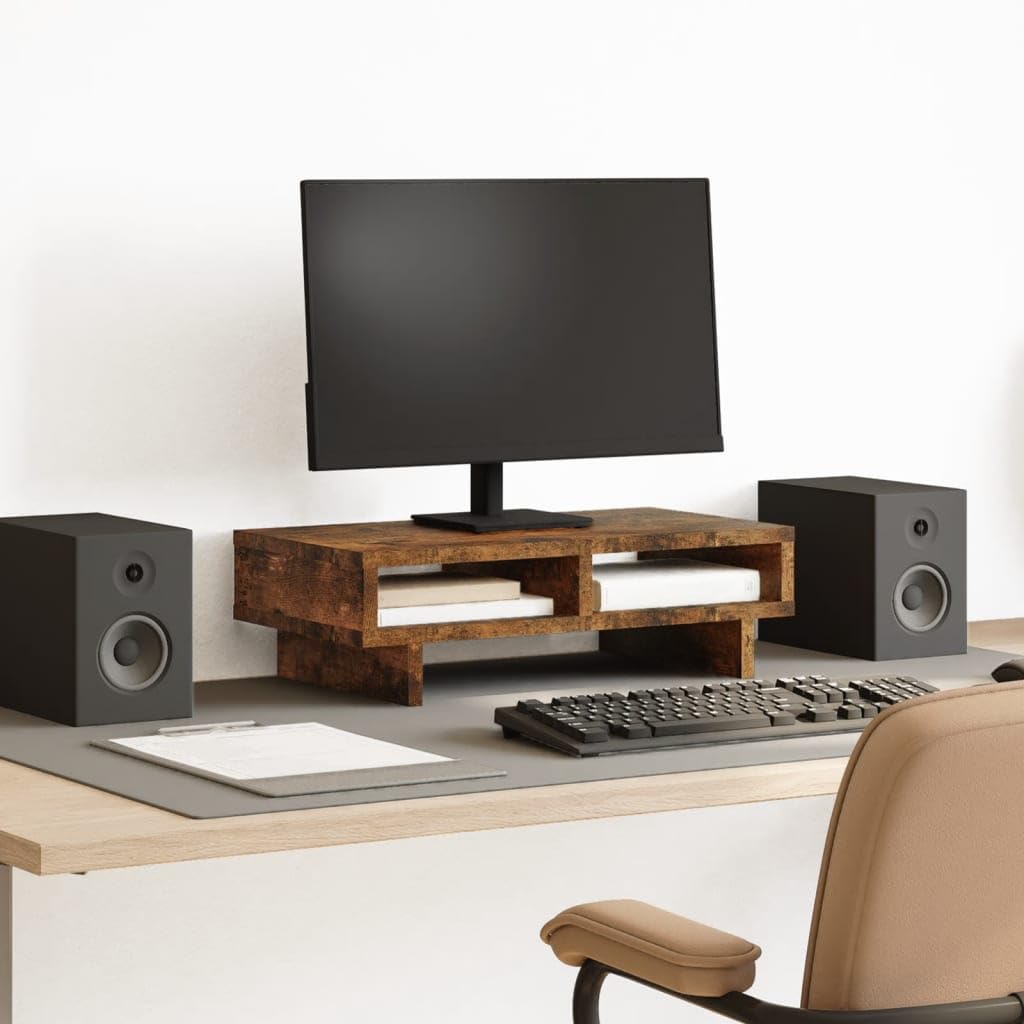 Soporte para monitor de madera de roble ahumado, 50 x 27 x 15 cm, altura regulable, ergonómico, para ordenadores, portátiles, PC, portátiles, oficinas en casa, oficina, escritorio de pie