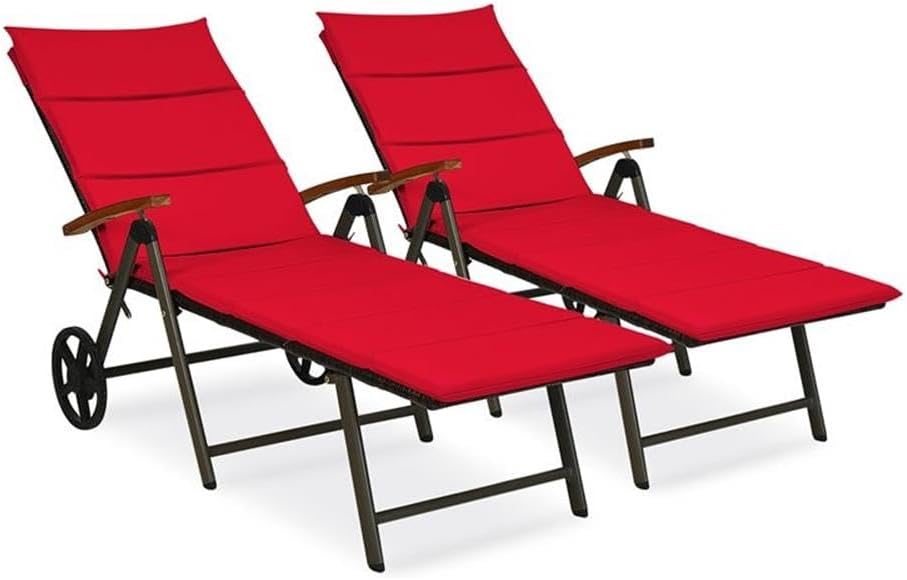 Pemberly Row Contemporary Adjustable Rattan Patio Lounge Chairs, Red Cushions, PE Rattan & Metal, Weather-Resistant, Set of 2 with Wheels, 5-Position Reclining, Garden Poolside Outdoor Seating