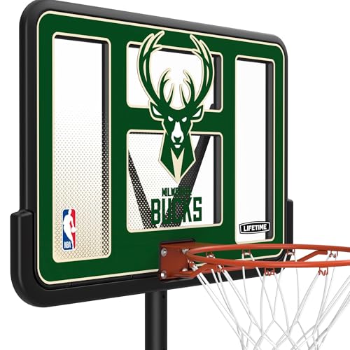 Image of Lifetime NBA Milwaukee Bucks Portable Basketball Hoop, Adjustable Height 7.5-10 Ft, 44 Inch Shatterproof Fusion Backboard, Base with Wheels