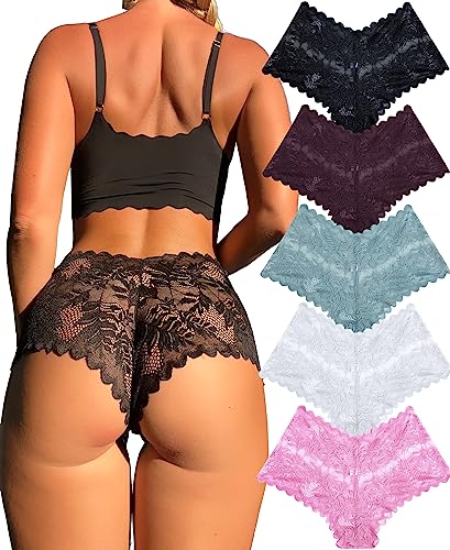 Image of FINETOO 5 Pack Sexy Lingerie Panties for Women Pack V-Waist Lace Womens Underwear French Cut Boyshorts Panty