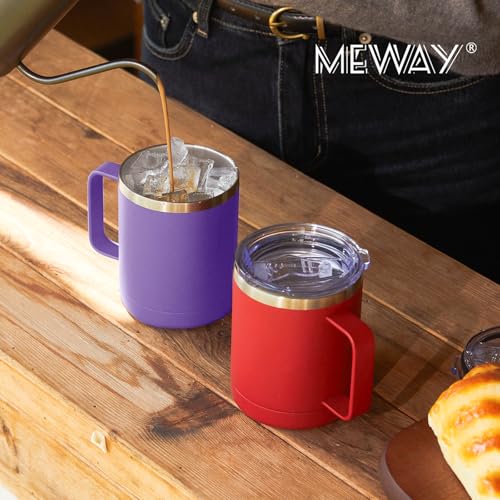Image of MEWAY 12oz Coffee Mug With Handle and Sliding Lid,Stainless Steel Travel Tumbler Cup with Handle,Double Wall Vacuum Insulated Camping Cup for Hot & Cold Drinks Tea (Purple,Set of 1)