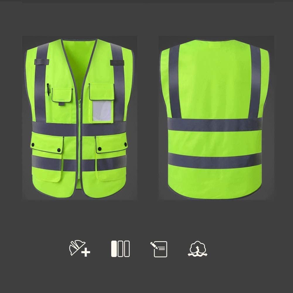 Warnweste, Weste mit hoher Sichtbarkeit, reflektierender Reißverschluss vorne, 2 Band-Sicherheitstaschen, Ausweishalter
