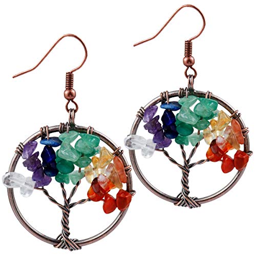 KYEYGWO Arbre de Vie Boucles d'Oreilles Pendantes pour Femme, Chakra Pendants d'Oreilles en Pierre de Cristal 3.6"-4", 7 Chakra Cover