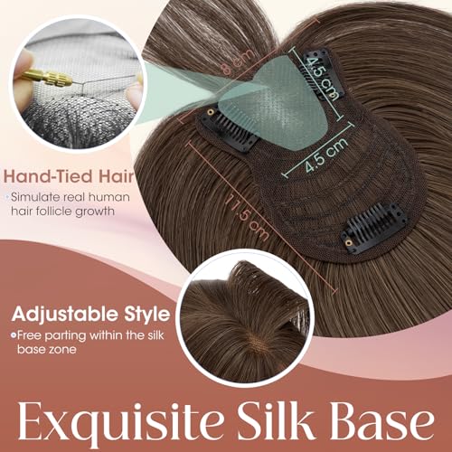 Elailite Real Human Hair Topper With Fringe Silk Base Toppers For Thinning Hair Women UK Lightweight - #02 Dark Brown - 12 Inch 35g - Image 3