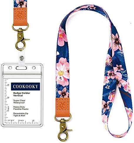 COOKOOKY lanyard with id holder Cute lanyards for women lanyard for keys id badge holder (Dark Blue Flowers)
