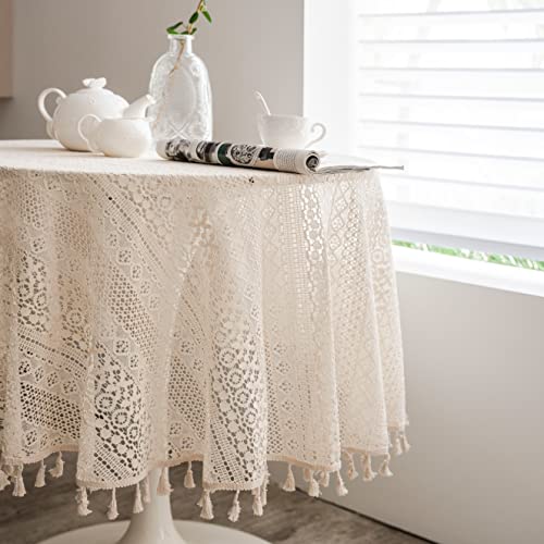 Beige Round Lace Tablecloths with Tassels, Washable Crochet Vintage Cotton Table Cover for Kitchen Dinner Wedding Party Banquet Décor, 59inch by VIRFONOR - Image 2