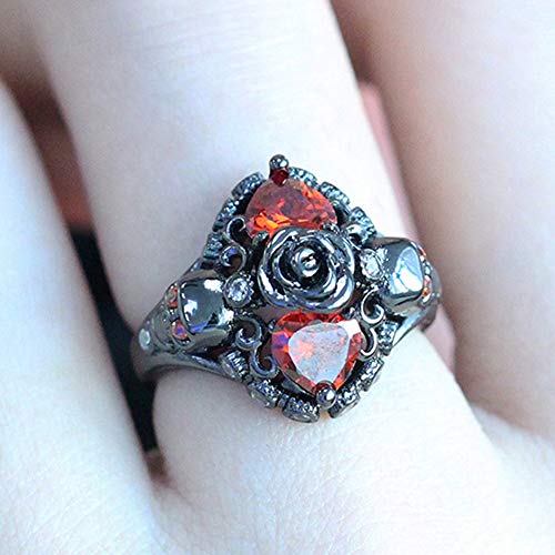 Black Gold Plated Skull Gothic Death Rose Wedding Statement Cocktail Party Biker Ring (Black Red, 8) #TOP2