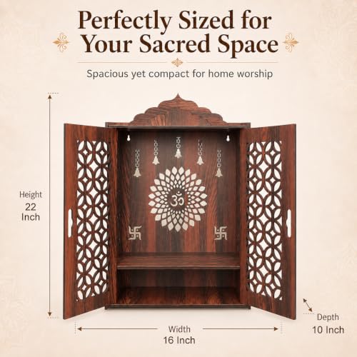 Image of The Castle Decor Wooden Mandir for Home, Premium MDF Home Temple with Double Doors for Pooja Room, Wall Hanging & Tabletop Temple, Matte Finish, 16.5 x 24.5 x 10.5 Inch (Design 6)