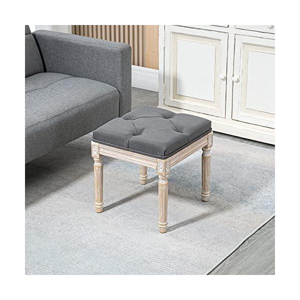 Homcom 16 vintage ottoman tufted foot stool with upholstered seat rustic wood legs for bedroom living room gray  urban country home decor