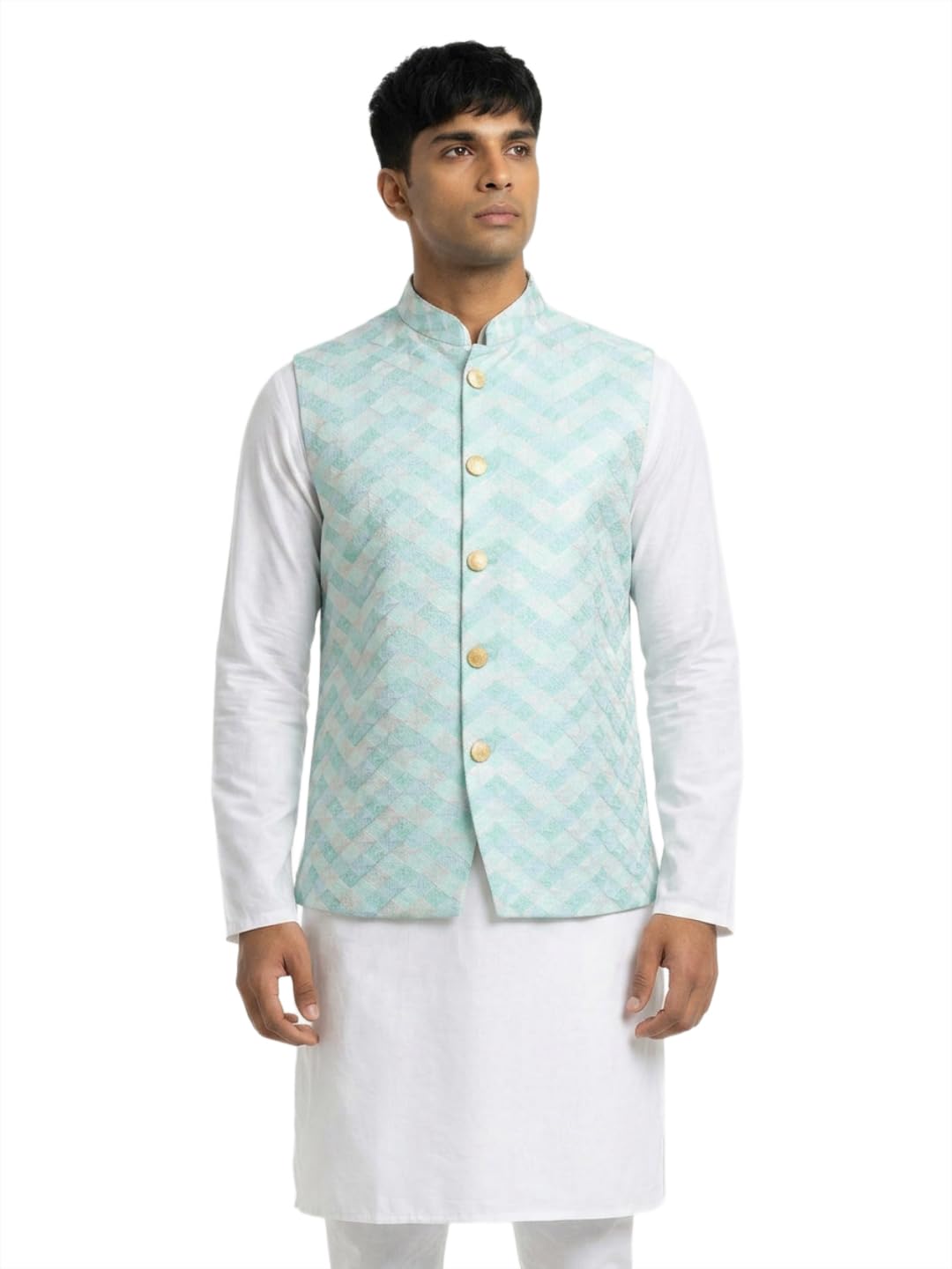 Men Regular Fit Embroidery, Placement Print Pattern Pure Polyester Mandarin Collar Sleeveless Festive Bundi-image-31