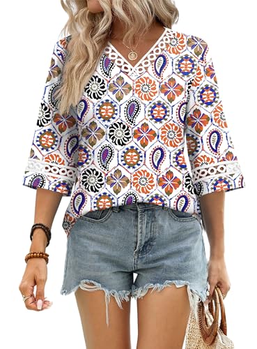 Image of WIHOLL Womens Tops Eyelet Lace V Neck 3 /4 Bell Sleeve Blouses Dressy Casual Work Shirt 2026 Summer Fall Fashion Clothing