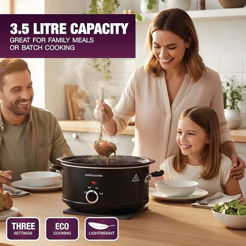 Image of Andrew James 3.5L Slow Cooker - Sear-to-Simmer - Large Hob-Proof Aluminium Pot, Shatter-Resistant & Easy-Clean Design 3 Heat Settings & Glass Lid, Ideal for Family Meals (Matt Black)