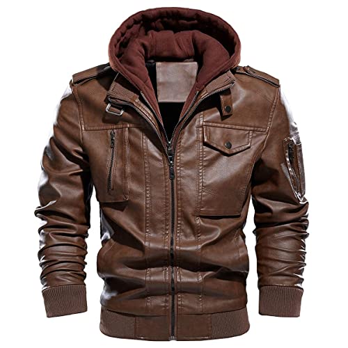 CARWORNIC Herren Lederjacke Winterjacke Motorradjacke Für Herren Schwarz Braun Warme Kunstlederjacke Bikerjacke mit Abnehmbarer Kapuze