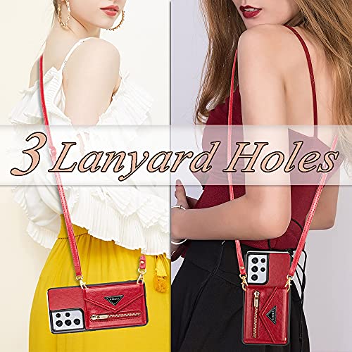 Kudex Wallet Case For Samsung Galaxy S21 Ultra 5G 6.8 Inches With Crossbody Strap,Flip Leather Magnetic Zipper Pocket Purse Wallet Case With Card Holder Kickstand Shoulder Strap For Women(Red) #TOP4