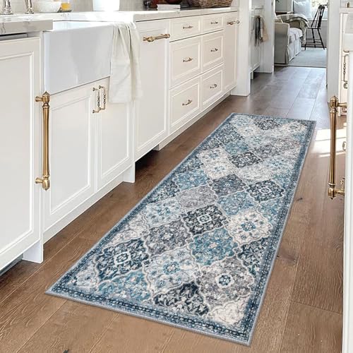 KILOCOCO 2x5 Runner Rug, Moroccan Super Soft Washable Hallway Runner Rug, Accent Print Faux Wool Kitchen Runner Rug 5 Feet Non-Slip Runners Boho Rug Runners for Laundry Room Bedroom, Blue/Multi