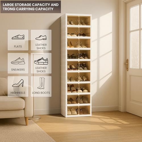 Image of Foldable Shoe Organizer Storage Box Set of 2, Portable Extra Large Folding Shoe Rack for Closet, Shoe Storage Box with Magnetic Transparent Door and Wheels, 9 Layers 18 Grids