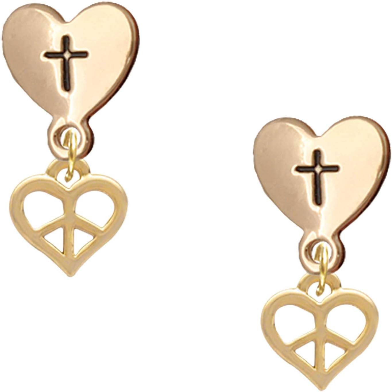 Delight Jewelry Goldtone Mini Heart Peace Sign Cross in Heart Post Dangle Earrings