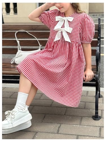 Floerns Girl's Bow Tie Gingham Dress Short Puff Sleeve A Line Cute Ruffle Dresses4