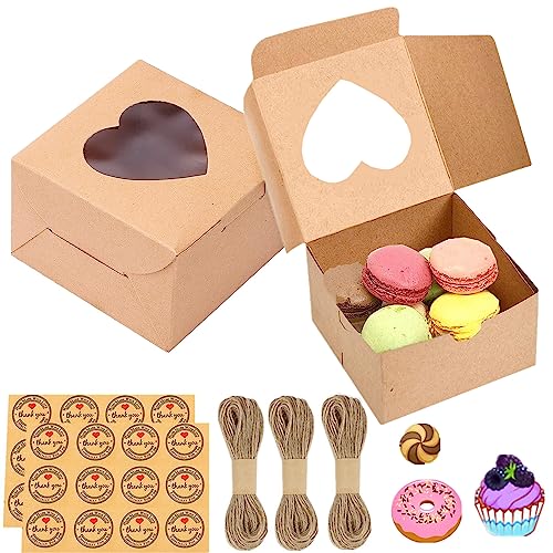 Gbateri Confezione da 50 scatole per torte con finestra, 10.2 cmx10.2 cmx6.3 cm, scatole per biscotti di carta, mini scatole per dolci, fragole, cupcake, dolci, ciambelle, muffin, caramelle (marrone)