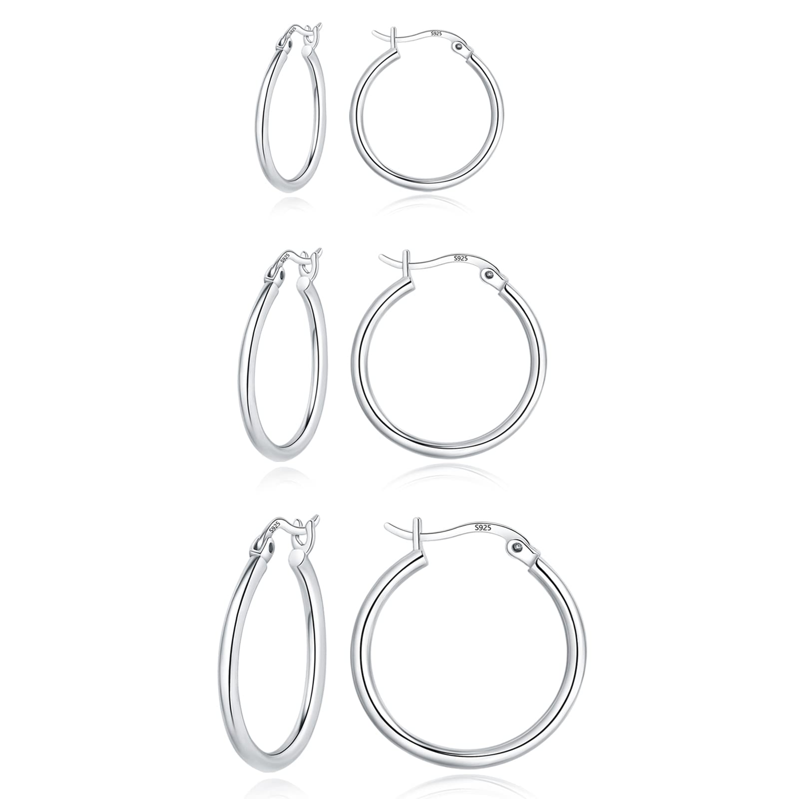 DeyanseSilver Hoops Earrings for Women, 3 Pairs 925 Sterling Silver Hoop Earrings Set, Unisex White Gold Plated Huggie Earrings Set, Silver Sleeper Earrings for multiple piercings in 13/16 / 20mm