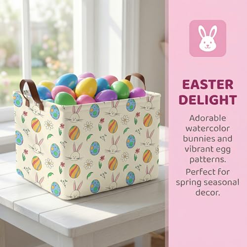 Image of Large Cute Easter Basket for Kid Empty Gift Baby Rectangle Storage Bin Bunny Eggs Boy&Girl Room Decor (Egg Rabbit Flower)