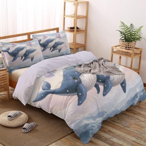 Housse de Couette 240x260cm Mignon Ballons Baleines Parure de lit Animal Vagues Océaniques Doux Microfibre Ensemble de Literie Imprimées Réversible avec Fermeture Éclair et 2 Taies d'oreiller