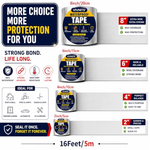 Image of VIVNITS Waterproof Butyl Aluminium Foil Tape for Roof Leakage, Heavy Duty Self Adhesive Waterproof Sealing Tape for Water Tank, Wall, Pipe, Terrace Crack Repair, Duct & Water Leakage Solution, Silver