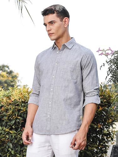 Image of Thomas Scott Men's | Solid | Premium Linen Blend | Spread Collar | Summer Wear | Long Sleeve | Shirts for Men