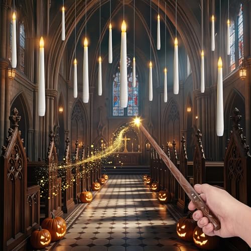 Meigic 20PCS Floating Candles with Wand Remote Flameless Hanging Taper Candles with Flickering Warm Light Battery Operated Magic Candles for Halloween Indoor Ceiling Decor Hallway Bedroom Party