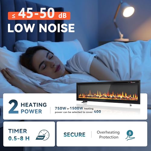 Image of EUHOMY 60 Inch Electric Fireplace Recessed Wall Mounted Freestanding with Remote Control, Ultra-thin Fireplace Heater with Adjustable Flame Color, Linear Fireplace with Timer, Log & Crystal, 750 /1500W
