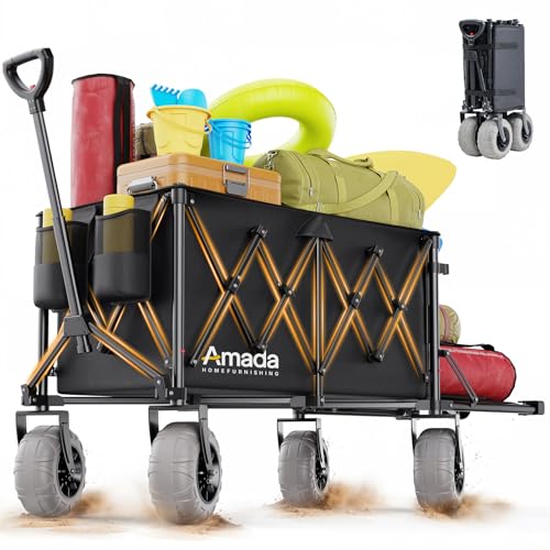 Image of Beach Wagon with Big Wheels for Sand, 260L Capacity, Heavy Duty All-Terrain Folding Wagon with Expandable Rear, Durable Carbon Steel Frame & Big 8.3 inch Wheels for Beach, Outdoor & Camping Activities