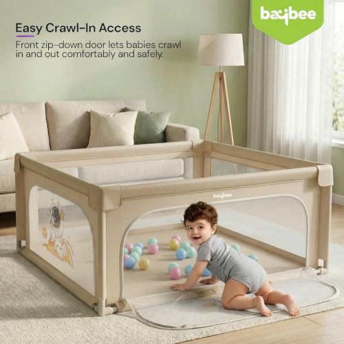 Image of Baybee 120 x 120 CM Kids Playpen for Babies with Colourful Balls | Baby Play Area Indoor Setup with Zipper Door & Toys Pouch | Kids Activity Play Gate Fence with Corner Protection | Outdoor play pen for baby for 0 - 5 years Boys Girls (Beige)