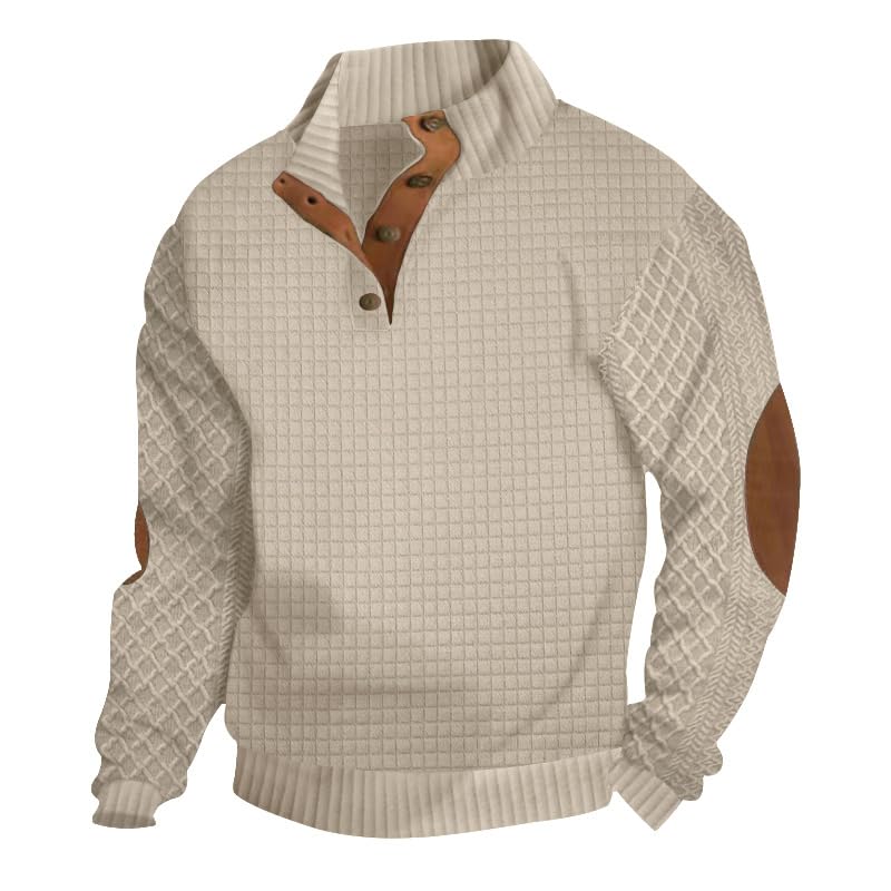 Mens Outdoor Casual Sweaters, Standing Collar Long Sleeved Crewneck, Button 1/4 Pullover Sweaters