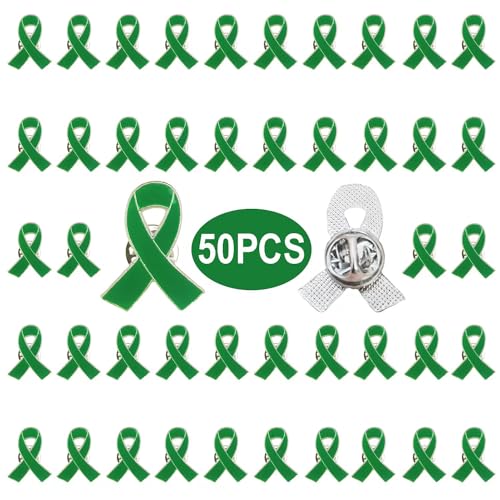 Image of 50 Pieces Green Ribbon Pins Green Awareness Lapel Brooches for Mental Health Environment Issue Liver Cancer Awareness