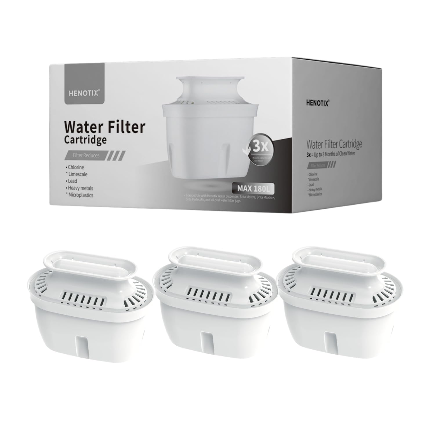 Henotix Water Filter Cartridge, 3-Pack, Universal Fit for Water Jugs & HX2 Dispenser, Multi-Stage Filtration