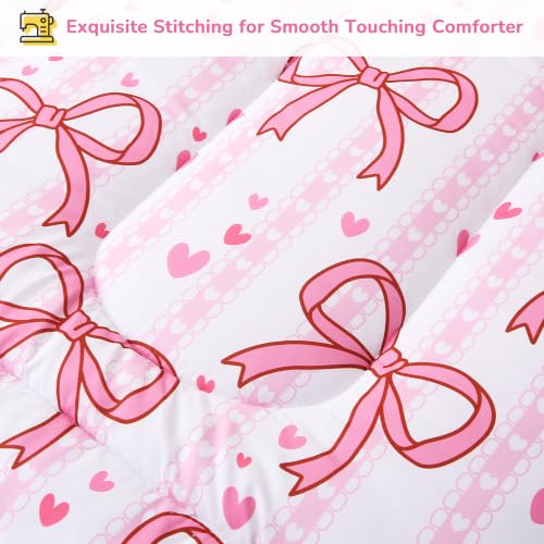 Image of Viviland Toddler Comforter Sets, 4 Pieces Bedding Sets, Bowknot Pattern | Microfiber Pink Bed Set, Girls, Breathable & Soft, Comforter, Bed Sheet, Fitted Sheet and Pillowcase, Machine Washable