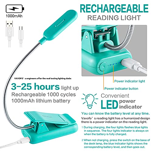 Image of VAVOFO Clip On Rechargeable Reading Light, 7 LEDs with 3 Colortemperature 9 Brightness Levels Book Lights for Reading in Bed with Power Indicator for Bookworms (Blue 2-Pack)