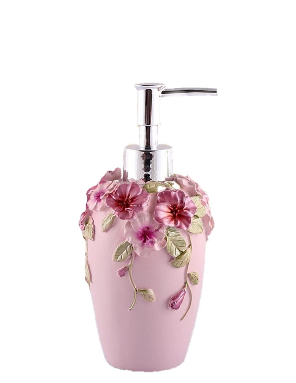 KEXYOAN Liquid Soap Dispenser, Vintage Hand for Kitchen Sink with Pump, Countertop Dish Dispensers, Decorative Romantic Baroque Relief Rose Resin(Pink)