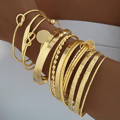 FAXHION Gold Bangle Bracelets for Women, 14 Pcs Multi Layer Stackable Bangle Set, 14K Gold Plated Textured Chunky Bracelets Boho Jewelrys Set - Image 3