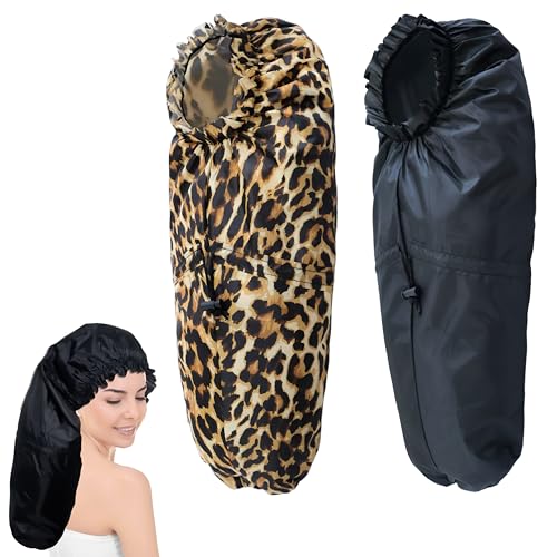 Large Shower Caps for Braids, 2 PCS Waterproof Shower Caps for Women Long Hair, Reusable Large Size Bath Caps Hair Bonnets for Thick Curly Hair, Locs, Twist Braids, Dreadlocks (Black, Leopard)