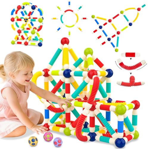 nicknack 2 in 1 Magnetic Blocks Building Toys for Kids, Toddler Boy Toys 3 4 5 Years Old, Preschool STEM Educational Montessori Toys - Magnet Pop Tubes & Balls - Birthday Gift for Boys Girls Age 3-5