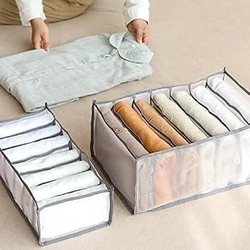 Drawer Organizers for Clothing,7 Grids Washable Wardrobe Clothes Organizer, Jeans Compartment Storage Box Foldable Closet Drawer Organizer Clothes Drawer Mesh Separation Box (Gray, Medium-1PC)