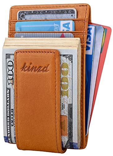 Mens Money Clip Magnet Wallet Credit Card Holder Front Pocket Wallet for Women RFID Blocking Minimalist Small Handmade Genuine Leather Yellow Brown Magnetic Wallets - Thumbnail 2