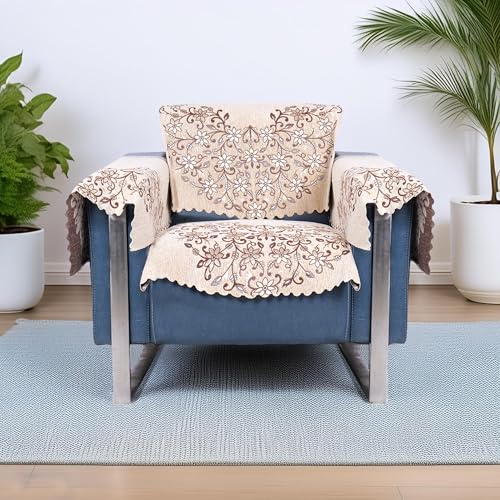 Image of Premium Chenille Woven Anti-Slip 1 Seater Sofa Cover with Arm Rest | L-Shape Sofa Seat Protector for Living Room | Durable & Stylish Slipcover - Beige - Phoolkari
