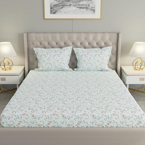 Image of Raymond Home 200TC Affair Cotton Rich Super Soft Floral Double Bedsheet (2.29 Mx2.54 M) with 2 Pillow Covers(46 CM x 69 CM) - Blue & Green