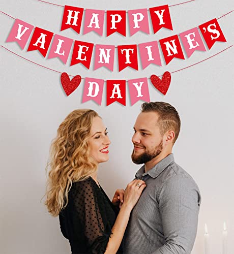 Image of FestikoHappy Valentine's Day Banner Red Pink Valentine's Day Bunting Banner with Glitter Heart Signs Valentines Day Paper Banner for Home Wall Valentines Party Decorations Supplies