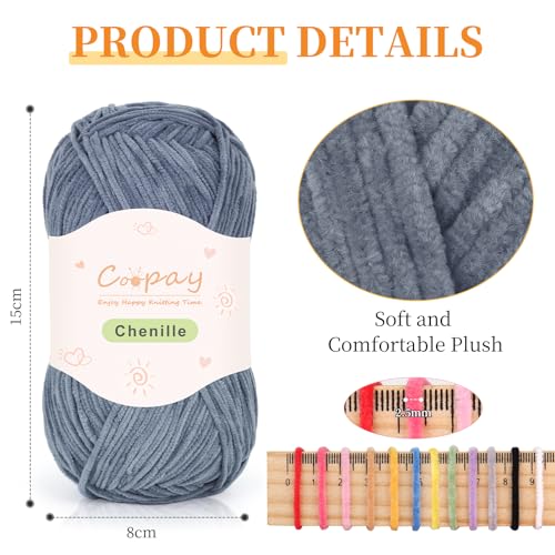 Image of Coopay Skinny Chenille Yarn for Crocheting and Knitting, 12 Pack of 50g /1.76oz - 1764yd Total, Soft Fluffy Crochet Yarn of Baby Weights - Suitable for Baby Blankets, Plush Toys - (Black and Grey)