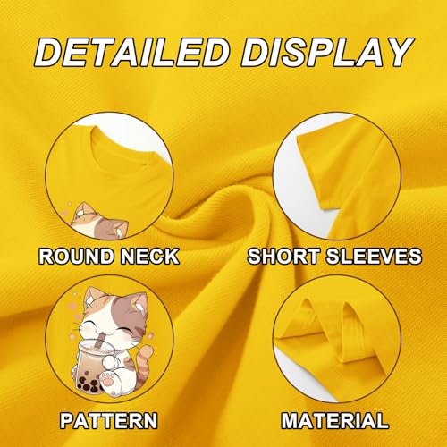 Image of KEEVICI Cute Cat Shirts for Girls Graphic Tees Bubble Tea Tshirt Kids Kawaii Cartoon Animal Print T Shirt Summer Cotton Tops