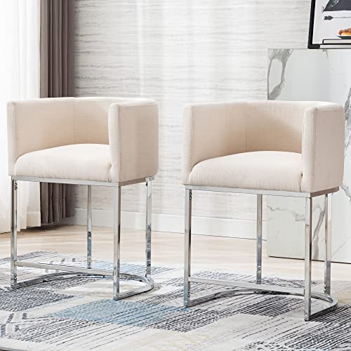 Hny Modern Counter Height Linen Fabric Upholstered Counter Stools Set Of 2, 24 Inch Kitchen Island Stool With Chrome Finish Metal Frame, Cream #TOP4