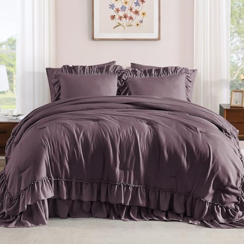 Image of Twin XL Comforter Set Dark Purple Ruffle 5 Pieces Bed in a Bag for Dorm | Farmhouse Shabby Chic Fluffy Bedding Sets with Sheets, Pillowcase & Sham